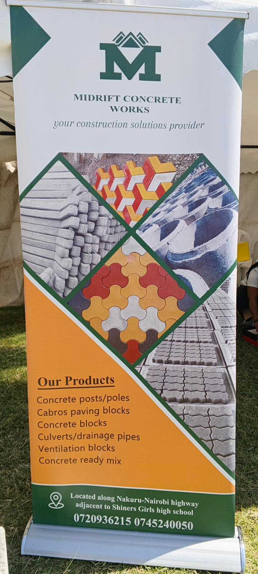 Midrift Concrete Works banner showing concrete posts, cabro paving blocks, culverts and ventilation blocks